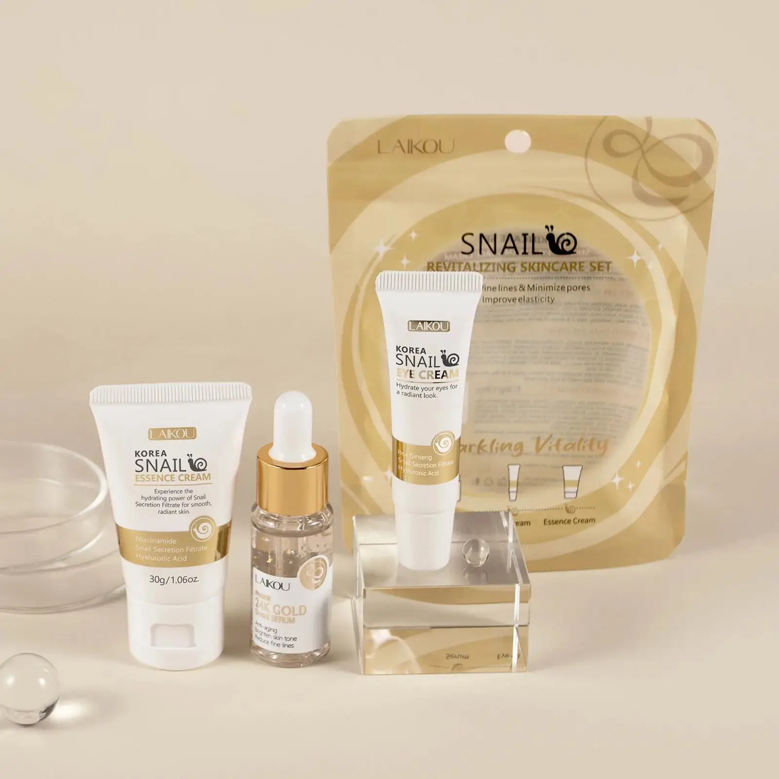 Luxury Natural Skincare - 24Kゴールドスネイルリペアセラムアイクリームエッセンスセット 保湿、小じわを滑らかに、毛穴を小さくする 高級スキンケア